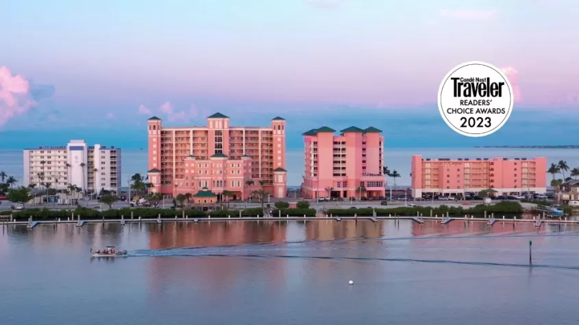 Sunset aerial shot of Pink Shell Resort