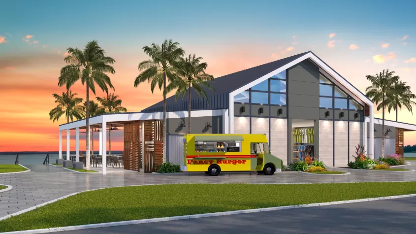 Central waterfront bar and 10 unique food trucks at Slipaway Food Truck Park & Marina in Cape Coral, FL