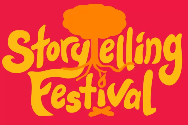 red background with yellow font saying Storytelling Festival, but the second t is a tree and the i is a campfire
