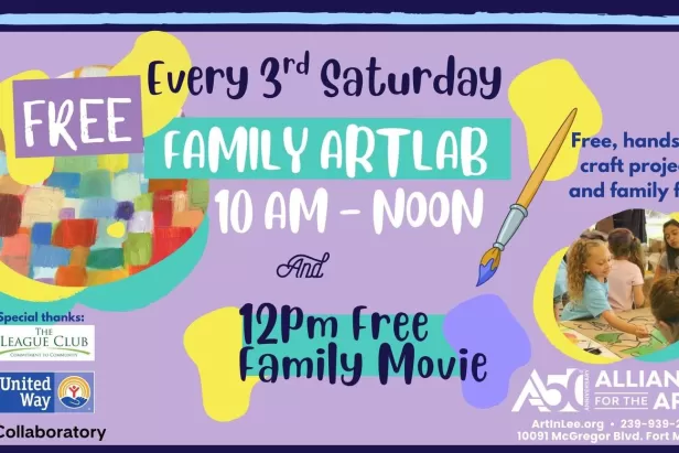 purple background with yellow and teal splotches and font stating the event details
